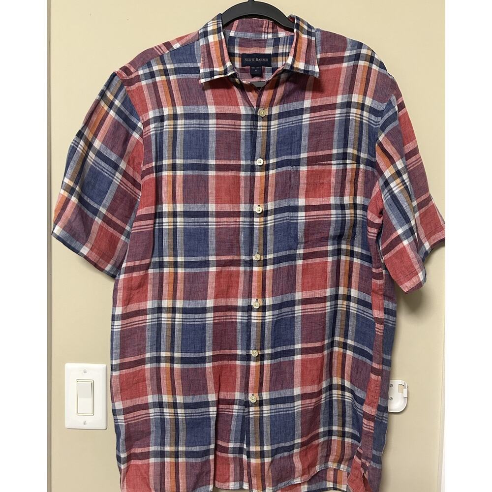 Scott Barber Shirt Mens Medium 100% Linen Red And Blue Plaid